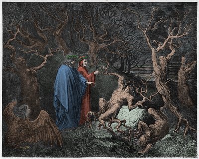 Inferno, Canto 13: I suicidi nella foresta, illustrazione dalla Divina Commedia di Dante Alighieri, 1885 da Gustave after Dore